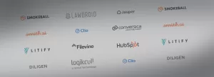 logos of AI tools for personal injury law firms including CoCounsel, Westlaw, Harvey AI, LawDroid, Smith.ai, Clio, Litify, Filevine, Diligen, Logikcull, Smokeball, ChatGPT, Jasper, Conversica, and HubSpot