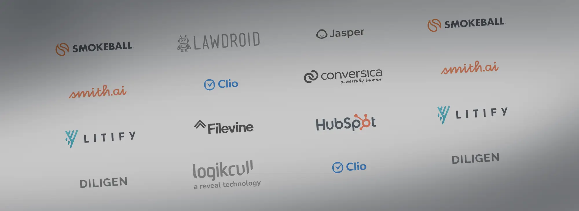 logos of AI tools for personal injury law firms including CoCounsel, Westlaw, Harvey AI, LawDroid, Smith.ai, Clio, Litify, Filevine, Diligen, Logikcull, Smokeball, ChatGPT, Jasper, Conversica, and HubSpot